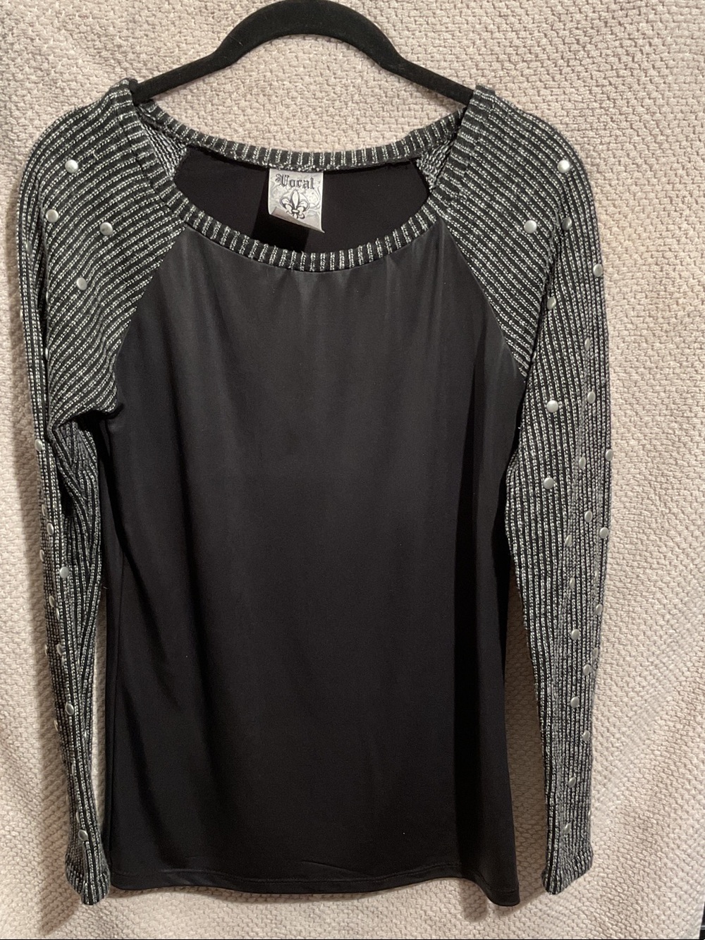 Vocal Black Long Sleeve Top with Striped Pearl-Studded Sleeves - Picture 1 of 3